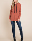 BOMBOM Contrast Drawstring Drop Shoulder Knit Hoodie