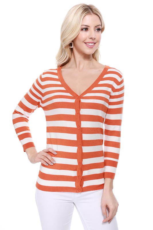 V Neck Striped Sweater Cardigan - Online Only