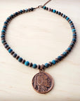 Natural American Turquoise Beaded Collar Necklace w/ Indian Head Pendant 262h