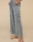 ZENANA Washed Linen Elastic Band Waist Cargo Pants