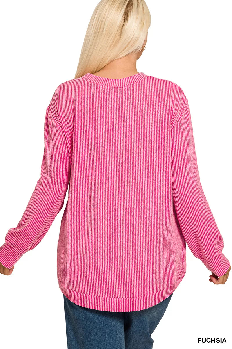 Zenana Full Size Raised Rib Round Neck Long Sleeve Top Plus Size in Fuchsia