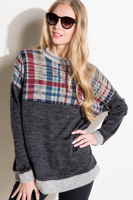 e Luna PLUS Solid Plaid Mock Neck Top