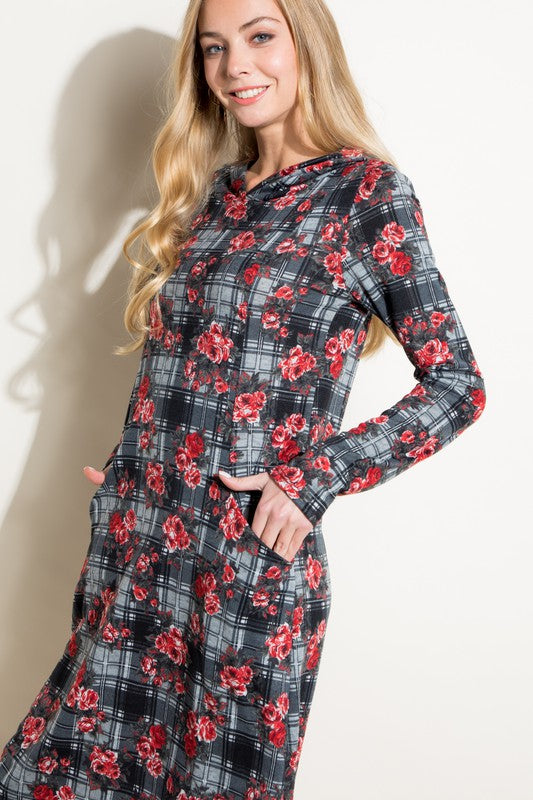 e Luna Floral and Plaid Print Sweatshirt Mini Dress