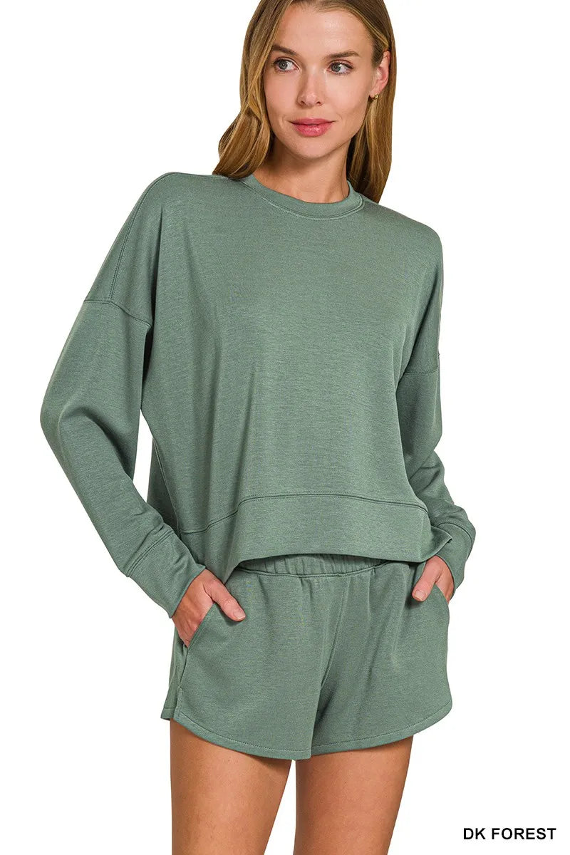 Zenana Scuba Long Sleeve Sweatshirts & Shorts Set in Forest