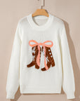 Western Bow Tie Boots Embroidered Drop Shoulder Sweater
