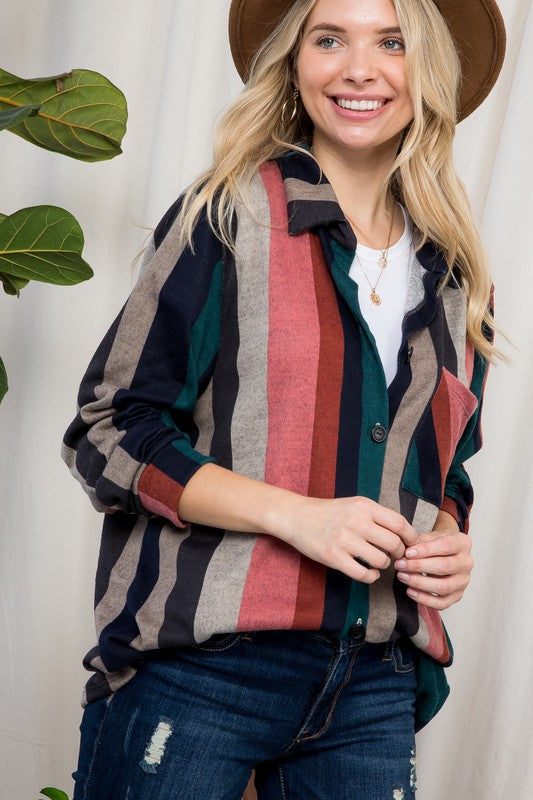 e Luna Cozy Stripe Button Down Shacket