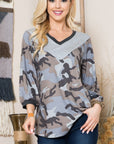 Celeste Full Size Camouflage V-Neck Balloon Sleeve Top