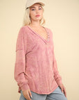 VERY J Washed V-Neck Exposed Seam Knit Top