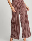 Umgee Full Size Elastic Waist Striped Wide Leg Velvet Pants