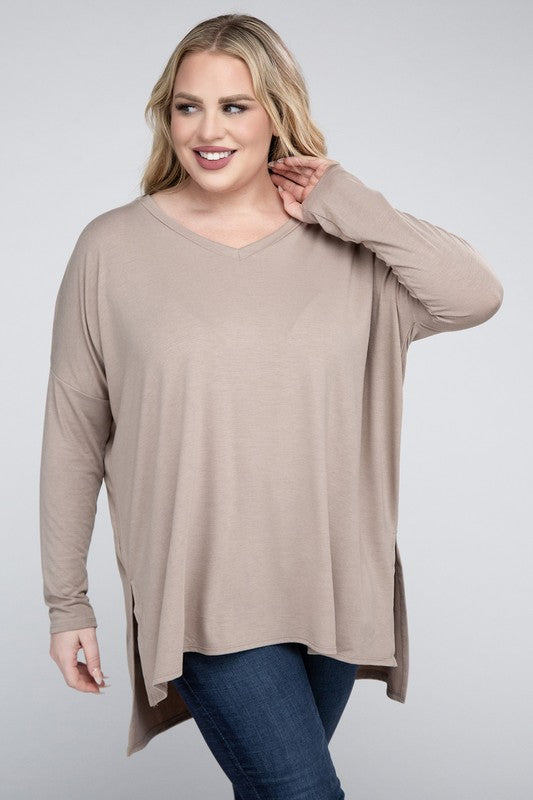 Zenana Plus Dolman Sleeve V-Neck Side Slit Hi-Low Hem Top