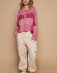 POL Half Button Color Block Drop Shoulder Knit Top