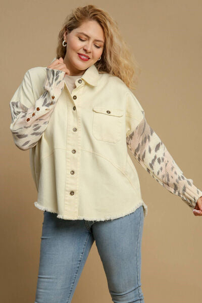 Umgee Full Size Distressed Detail Raw Hem Button Up Jacket Plus Size