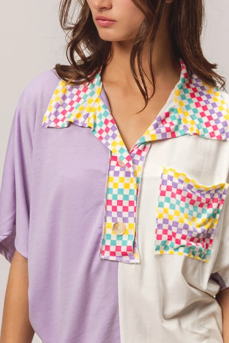 BiBi Color Block Knit with Multi Checker Contrast Top in Lavender