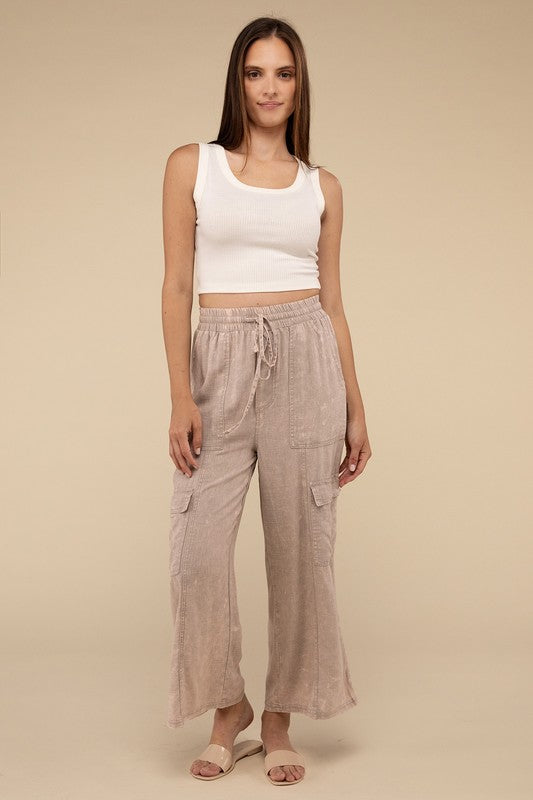 ZENANA Washed Linen Elastic Band Waist Cargo Pants