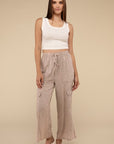 ZENANA Washed Linen Elastic Band Waist Cargo Pants