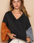 POL Exposed Seam Roll Edge Color Block V Neck Sweater