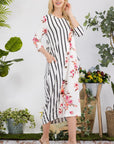 Celeste Full Size Floral Striped Contrast Midi-Dress with Pockets