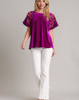 Umgee Full Size Velvet Embroidery Short Sleeve Blouse