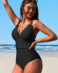 Scalloped V Neck Cut Out Monokini Swimwear