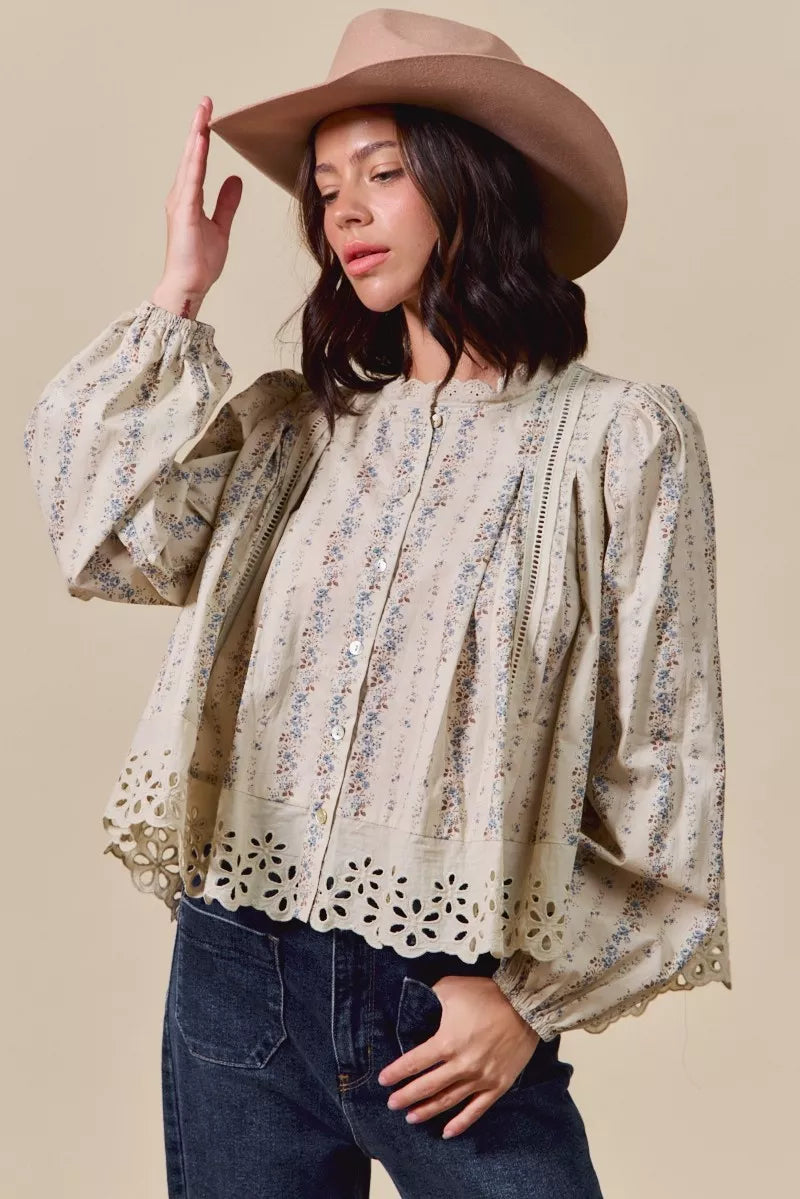 SO ME Floral Print Lace Button Down Shirt