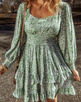 Floral Square Neck Shirred Waist Ruffle Dress