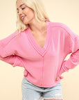 VERY J Exposed Seam V-Neck Ribbed Knit Top