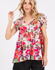 Mittoshop Floral V-Neck Ruffled Cap Sleeve Blouse