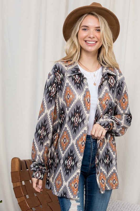 e Luna PLUS Fuzzy Aztec Button Down Shacket