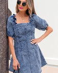 Denim Frilly Square Neck Bustier Puff Sleeve Dress