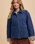 Annie Wear Quilted Printed Lining Snap Down Denim Jacket