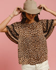 BiBi Leopard Crochet Trim Round Neck Short Sleeve Top