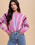 Annie Wear Chevron Stripe Round Neck Ribbed Sweater