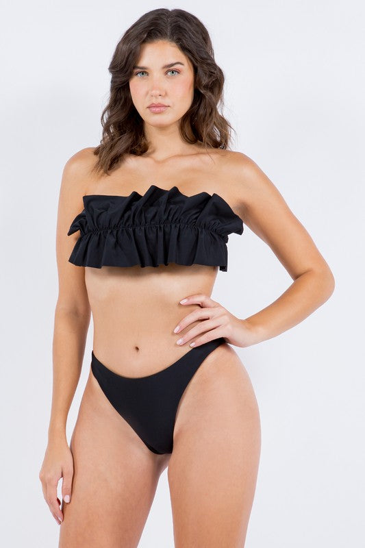 2 Piece Tube Top with Ruched Ruffle Bikini