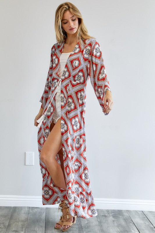 Davi &amp; Dani Printed Long Sleeve Loose Kimono - Online Only