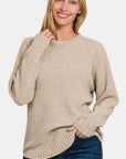 Zenana Ful Size Round Neck Long Sleeve Curved Hem Sweater