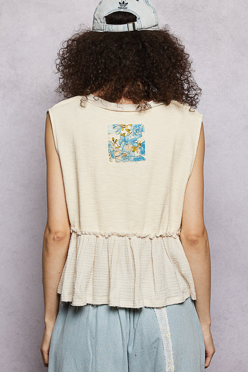 POL Floral Patch Ruffled Sleeveless Top with Raw Edge Detail