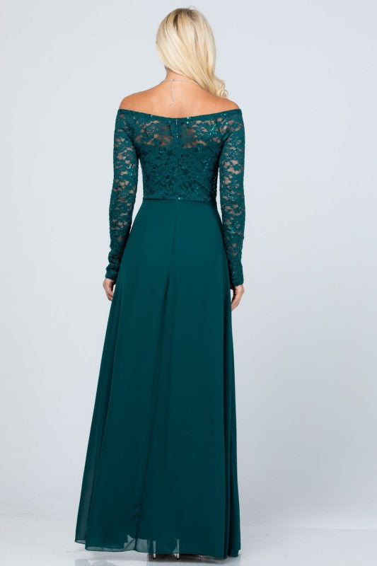 La Scala Plus Size Long Sleeve Lace and Chiffon Gown