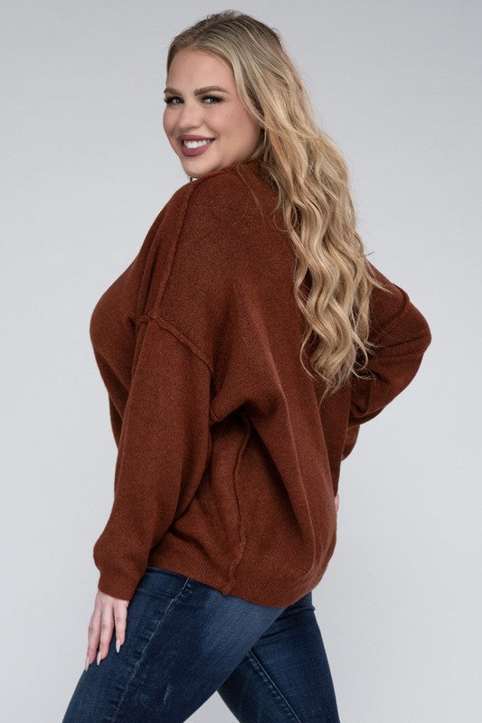 Zenana Plus Oversized Round Neck Raw Seam Melange Sweater