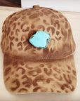 Hand-Painted Leopard Suede Baseball Cap Tan w/ Turq 986u