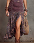 Women's Digital Print Pleated Strapless Maxi Dress – High Waist Button-Up Long Dress