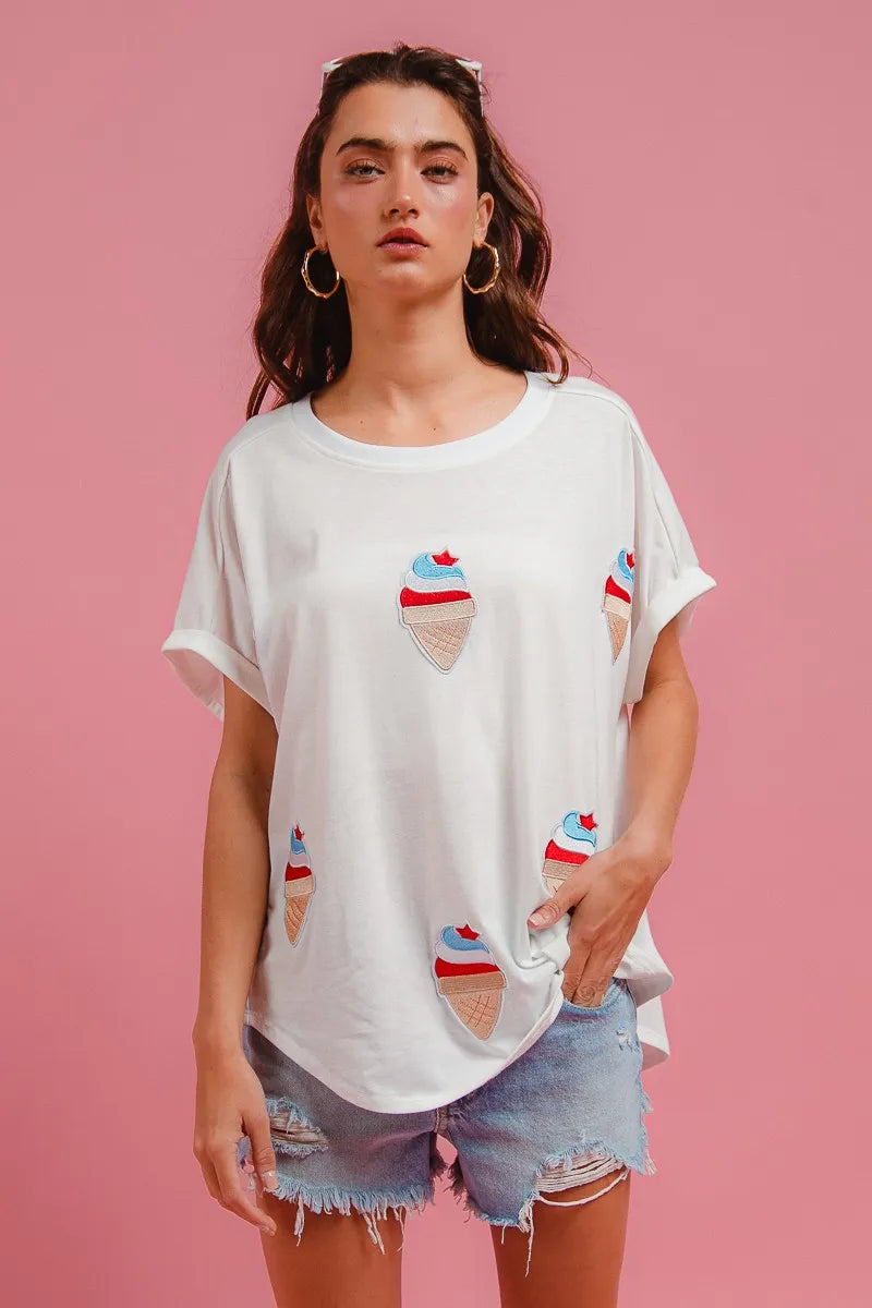 BiBi Solid Terry With Fourth Of July Theme Patched Top