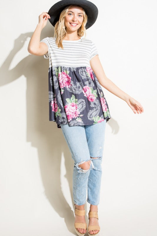 e Luna Striped Floral Print Mixed Top