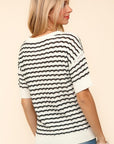 Haptics Openwork Striped Round Neck Half Sleeve Knit Top