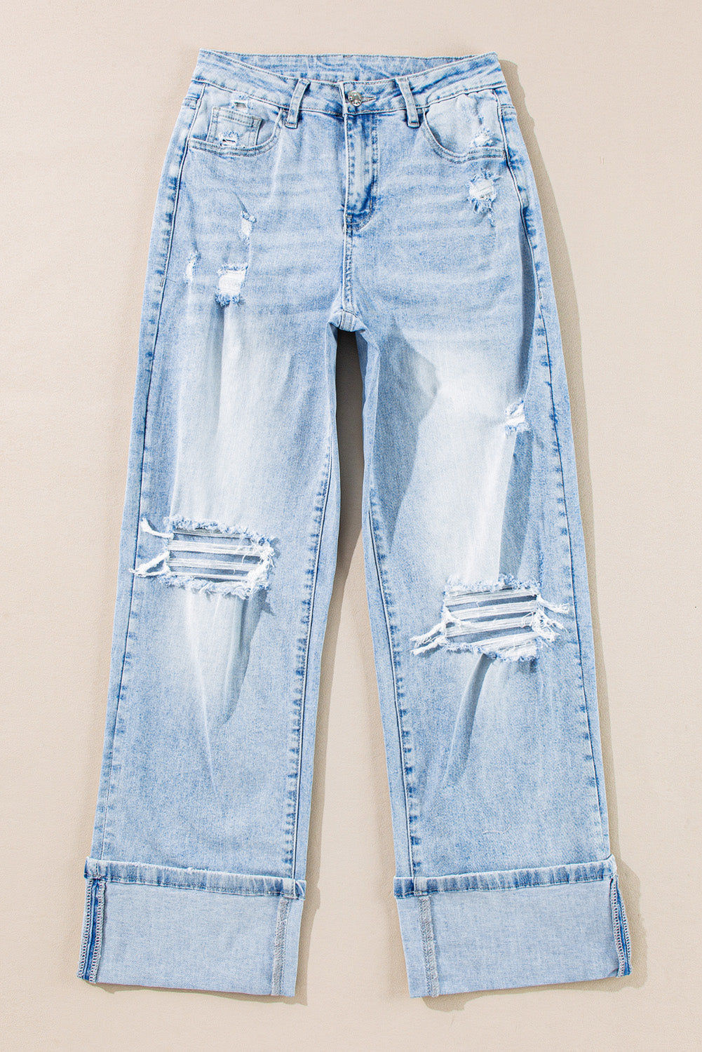 Distressed Denim Light Wash Straight Leg Jeans