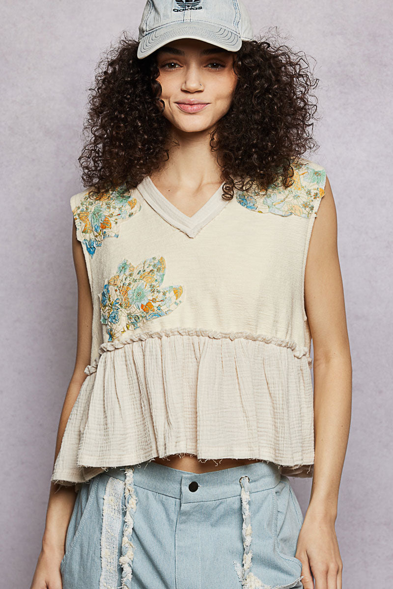 POL Floral Patch Ruffled Sleeveless Top with Raw Edge Detail