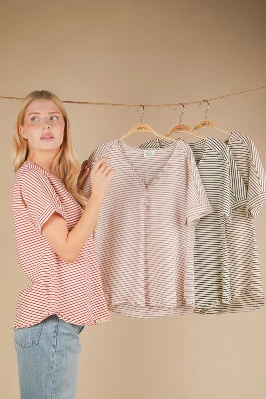 VERY J Striped V-Neck Short Sleeve T-Shirt in Red