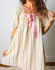 Floral Contrast Ribbon Bow Lace Square Mini Dress