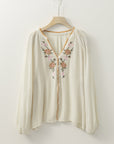 Floral Embroidered Textured Puff Sleeve Shirt