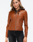 Snobbish Faux Leather Zip Up Drawstring Hooded Jacket