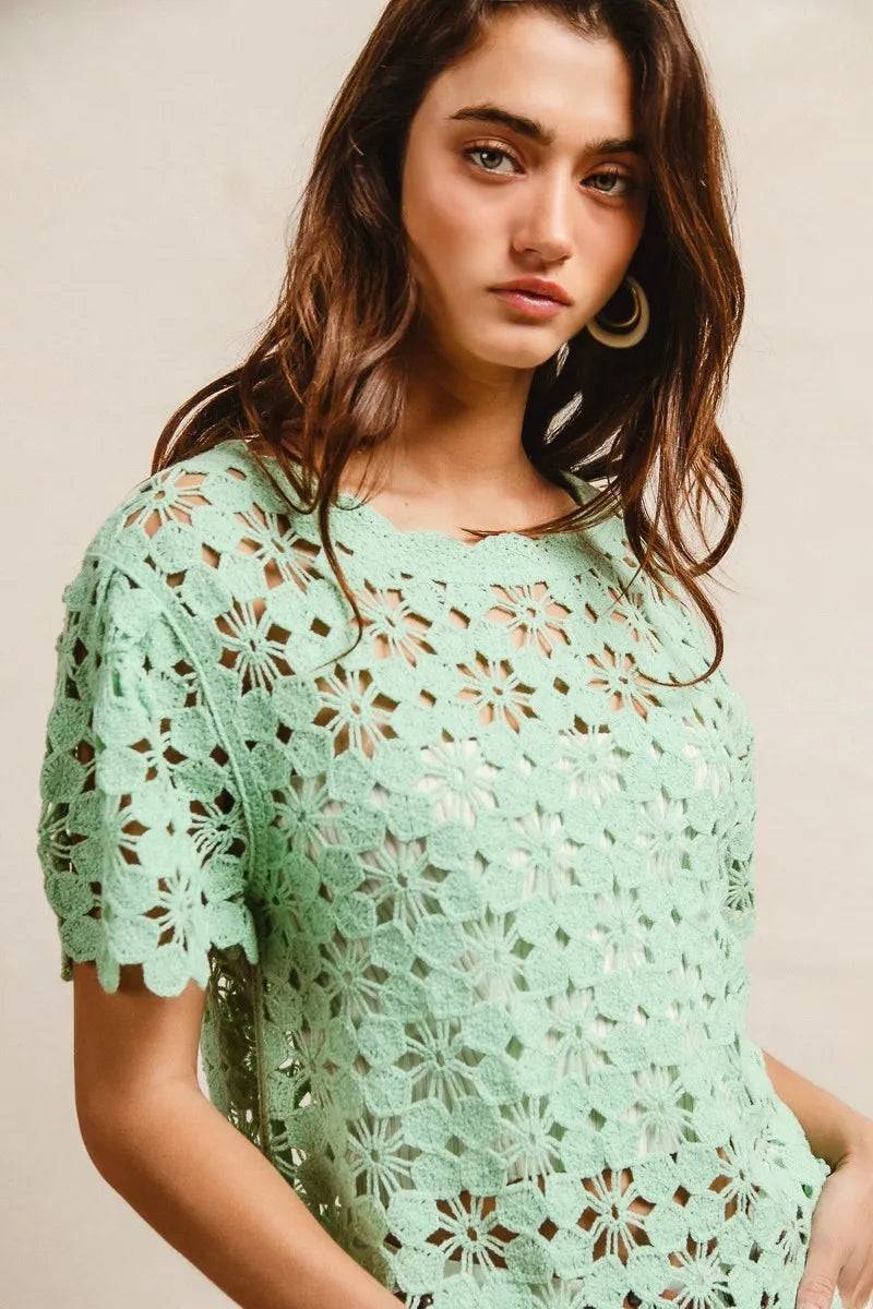 BiBi Openwork Crochet Short Sleeve Knit Top